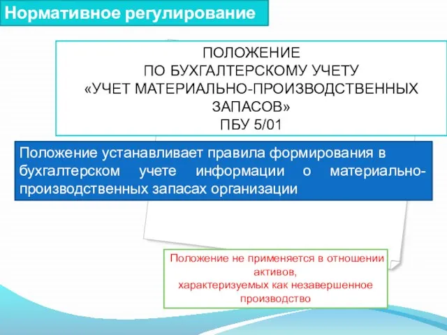 Нормативное регулирование ПОЛОЖЕНИЕ ПО БУХГАЛТЕРСКОМУ УЧЕТУ «УЧЕТ МАТЕРИАЛЬНО-ПРОИЗВОДСТВЕННЫХ ЗАПАСОВ» ПБУ 5/01