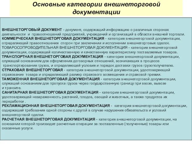 Основные категории внешнеторговой документации ВНЕШНЕТОРГОВЫЙ ДОКУМЕНТ - документ, содержащий информацию о