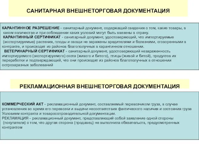 САНИТАРНАЯ ВНЕШНЕТОРГОВАЯ ДОКУМЕНТАЦИЯ КАРАНТИННОЕ РАЗРЕШЕНИЕ - санитарный документ, содержащий сведения о