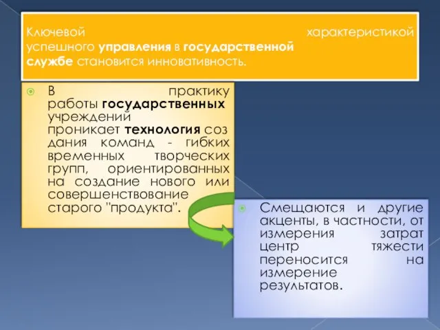 Ключевой характеристикой успешного управления в государственной службе становится инновативность. В практику