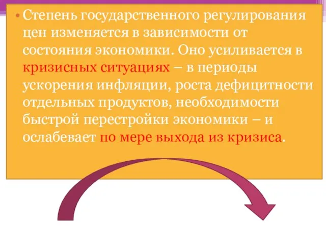 Степень государственного регулирования цен изменяется в зависимости от состояния экономики. Оно