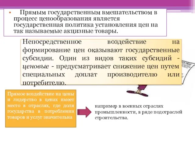 Непосредственное воздействие на формирование цен оказывают государственные субсидии. Один из видов