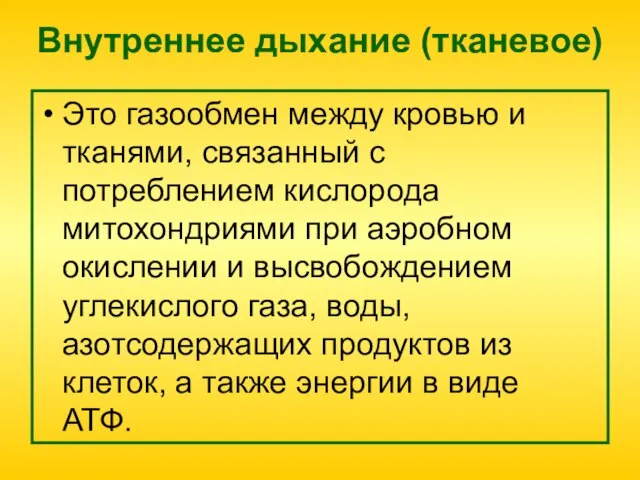 Внутреннее дыхание (тканевое) Это газообмен между кровью и тканями, связанный с