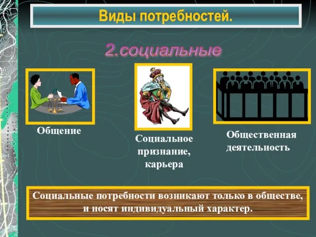 Виды потребностей. 2.социальные Социальные потребности возникают только в обществе, и носят индивидуальный характер.