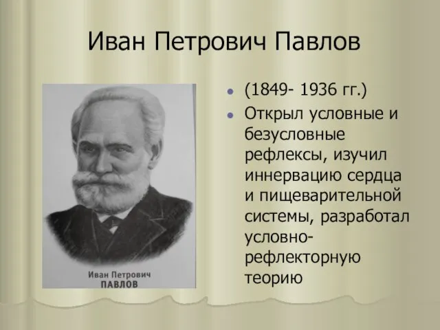 Иван Петрович Павлов (1849- 1936 гг.) Открыл условные и безусловные рефлексы,