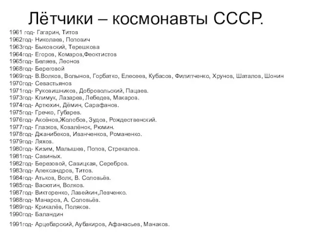 Лётчики – космонавты СССР. 1961 год- Гагарин, Титов 1962год- Николаев, Попович