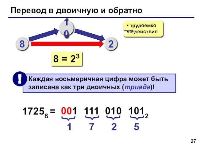 Перевод в двоичную и обратно 8 10 2 трудоемко 2 действия