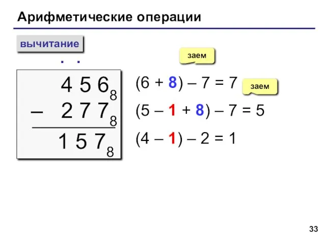 Арифметические операции вычитание 4 5 68 – 2 7 78 ∙