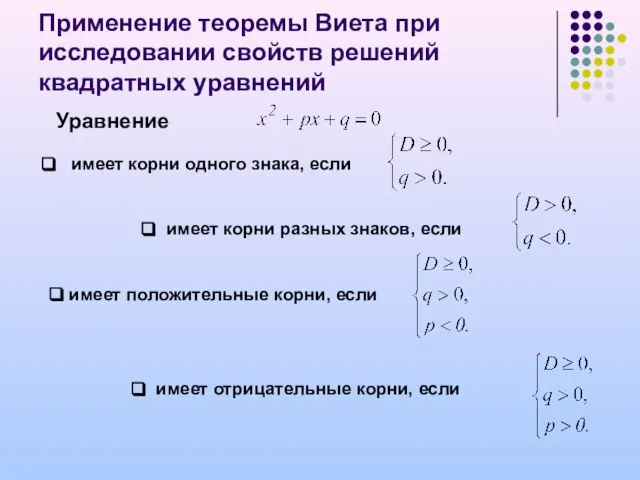 Применение теоремы Виета при исследовании свойств решений квадратных уравнений имеет корни