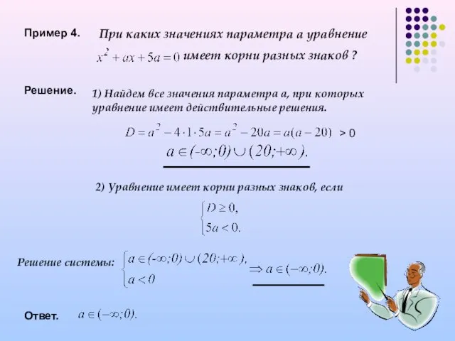 Пример 4. При каких значениях параметра а уравнение имеет корни разных