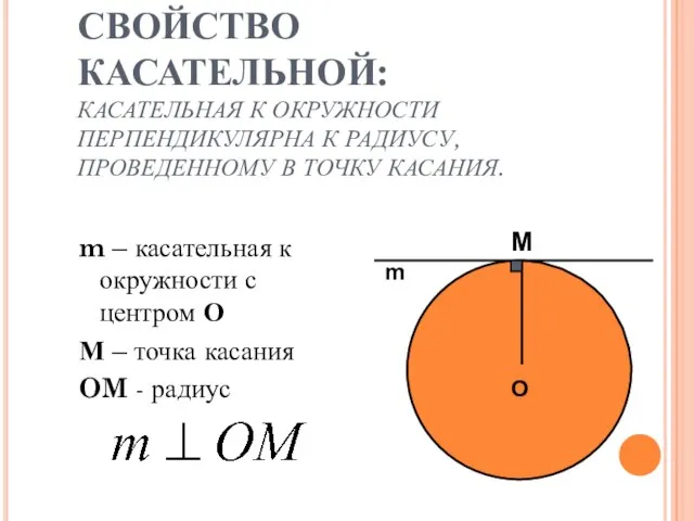 СВОЙСТВО КАСАТЕЛЬНОЙ: КАСАТЕЛЬНАЯ К ОКРУЖНОСТИ ПЕРПЕНДИКУЛЯРНА К РАДИУСУ, ПРОВЕДЕННОМУ В ТОЧКУ