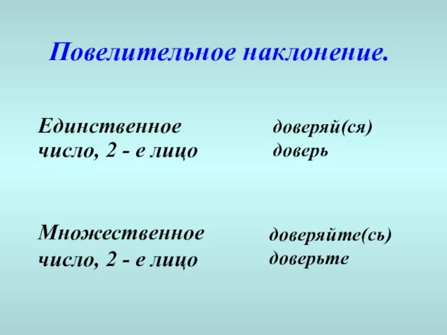 Повелительное наклонение. Единственное число, 2 - е лицо доверяй(ся) доверь Множественное