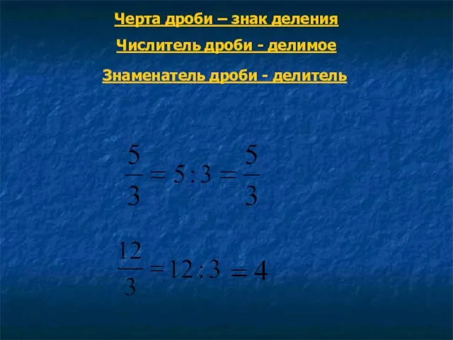 Черта дроби – знак деления Числитель дроби - делимое Знаменатель дроби - делитель