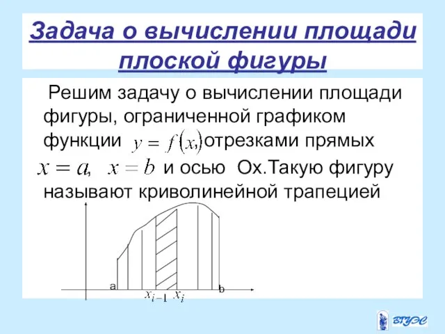 Задача о вычислении площади плоской фигуры Решим задачу о вычислении площади