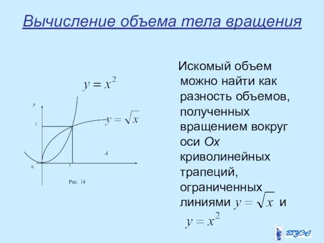 Вычисление объема тела вращения Искомый объем можно найти как разность объемов,