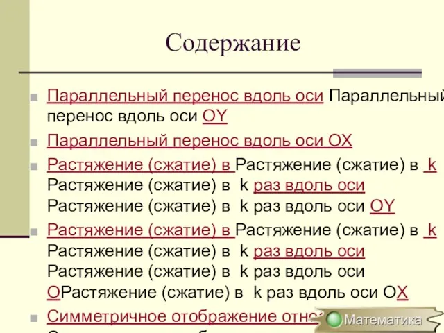 Содержание Параллельный перенос вдоль оси Параллельный перенос вдоль оси OY Параллельный