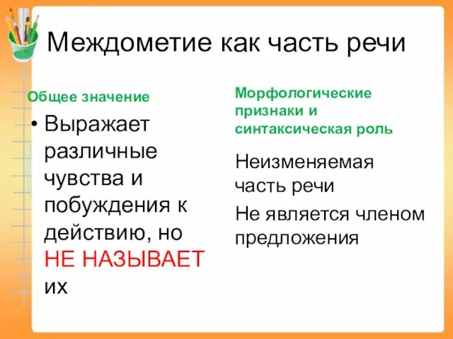 Междометие как часть речи Общее значение Выражает различные чувства и побуждения