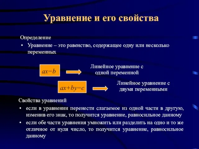 Определение Уравнение – это равенство, содержащее одну или несколько переменных Линейное