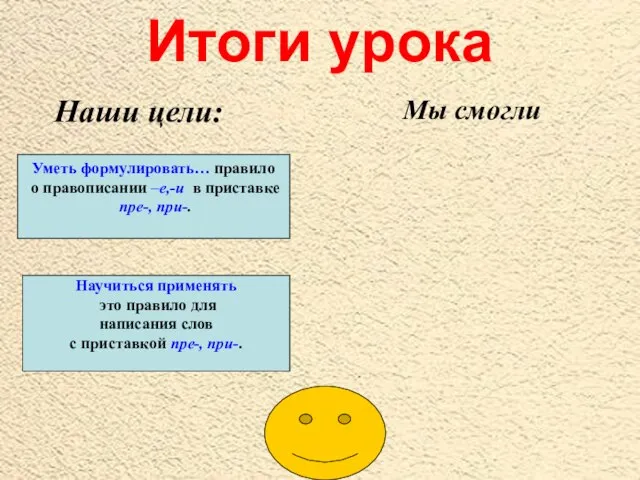 Итоги урока Уметь формулировать… правило о правописании –е,-и в приставке пре-,