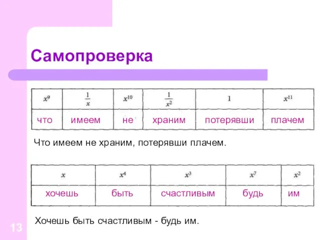 Самопроверка Что имеем не храним, потерявши плачем. Хочешь быть счастливым - будь им.