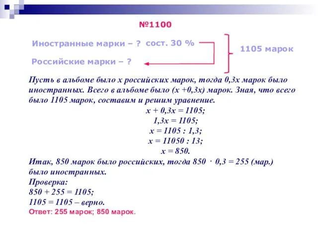 Пусть в альбоме было х российских марок, тогда 0,3х марок было