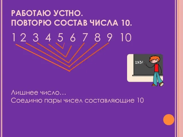 РАБОТАЮ УСТНО. ПОВТОРЮ СОСТАВ ЧИСЛА 10. 1 2 3 4 5