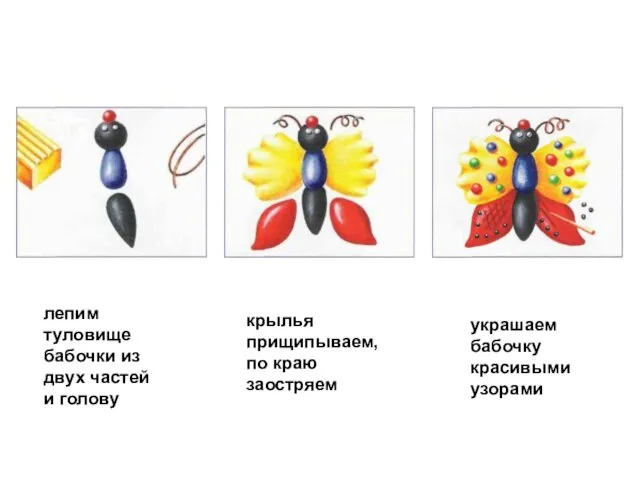 лепим туловище бабочки из двух частей и голову крылья прищипываем, по