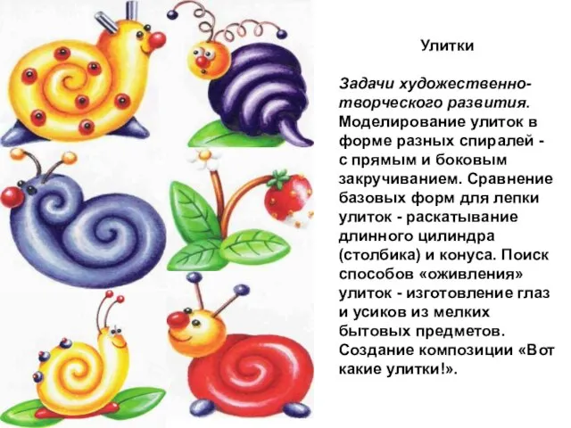 Улитки Задачи художественно-творческо­го развития. Моделирование улиток в форме разных спиралей -