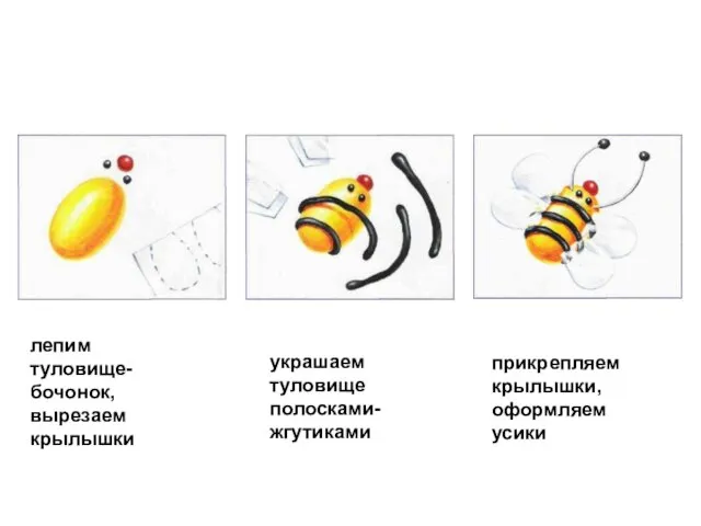 лепим туловище-бочонок, вырезаем крылышки украшаем туловище полосками-жгутиками прикрепляем крылышки, оформляем усики