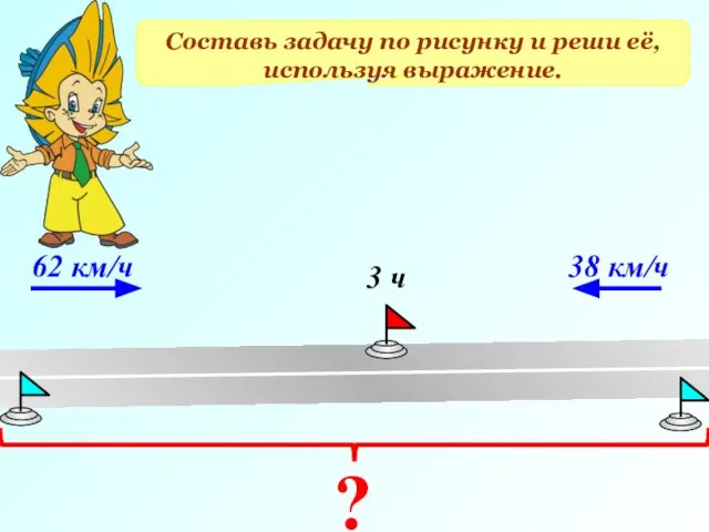 Составь задачу по рисунку и реши её, используя выражение. 62 км/ч 38 км/ч 3 ч ?