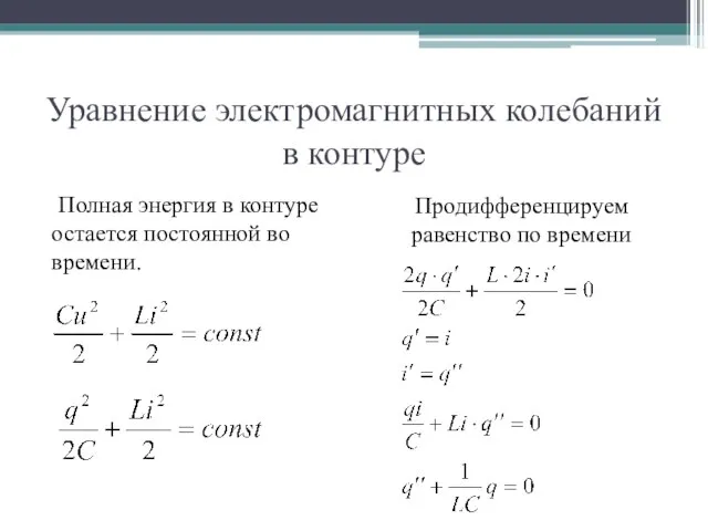 Уравнение электромагнитных колебаний в контуре Полная энергия в контуре остается постоянной