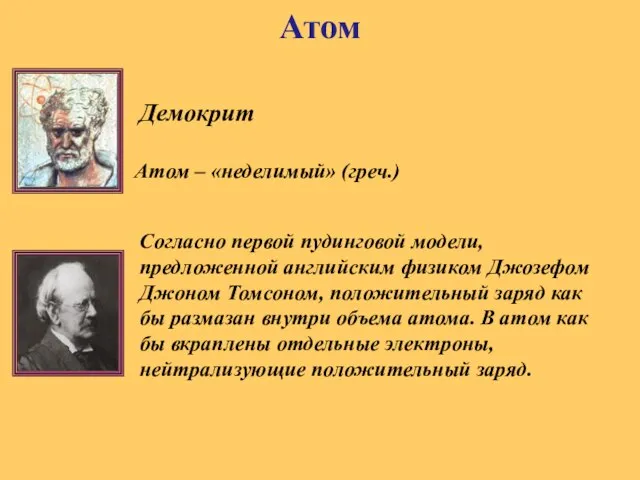 Атом Демокрит Атом – «неделимый» (греч.) Согласно первой пудинговой модели, предложенной