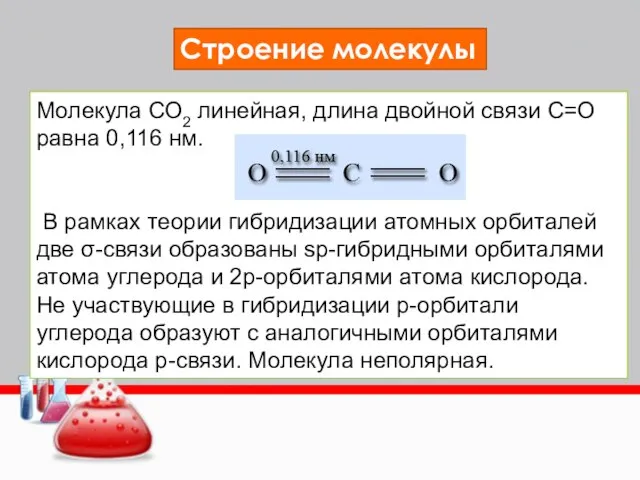 Строение молекулы Молекула СО2 линейная, длина двойной связи С=О равна 0,116