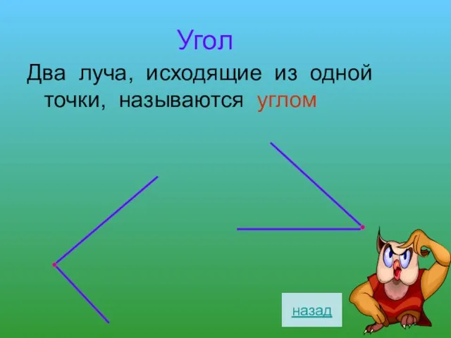 Угол Два луча, исходящие из одной точки, называются углом назад