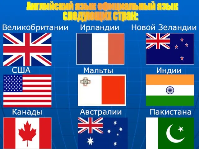 США Великобритании Ирландии Канады Мальты Австралии Новой Зеландии Индии Пакистана Английский язык официальный язык следующих стран: