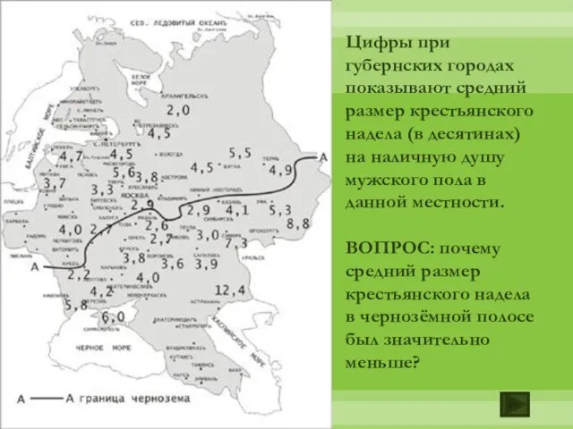 Цифры при губернских городах показывают средний размер крестьянского надела (в десятинах)