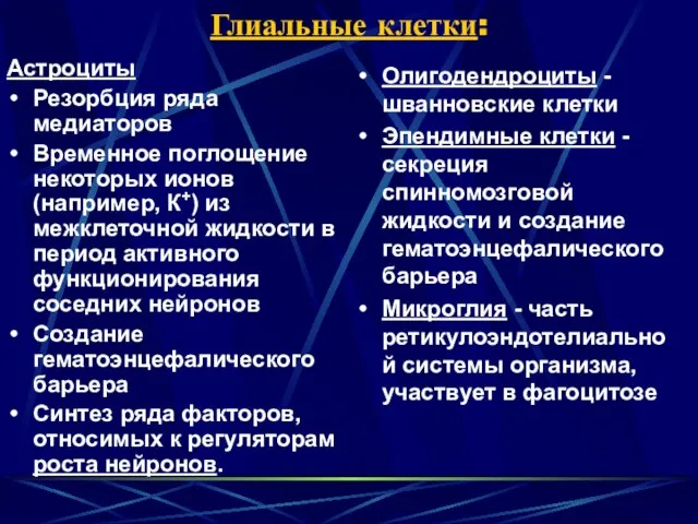 Глиальные клетки: Астроциты Резорбция ряда медиаторов Временное поглощение некоторых ионов (например,