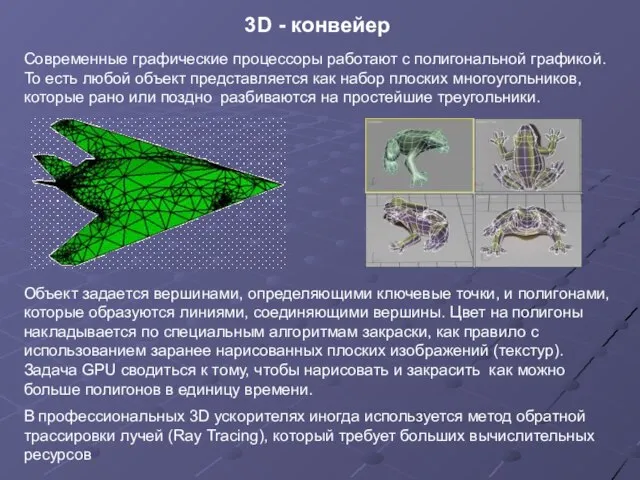 3D - конвейер Современные графические процессоры работают с полигональной графикой. То