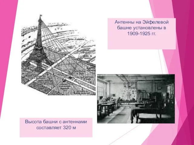 Антенны на Эйфелевой башне установлены в 1909-1925 гг. Высота башни с антеннами составляет 320 м