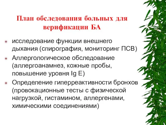 План обследования больных для верификации БА исследование функции внешнего дыхания (спирография,