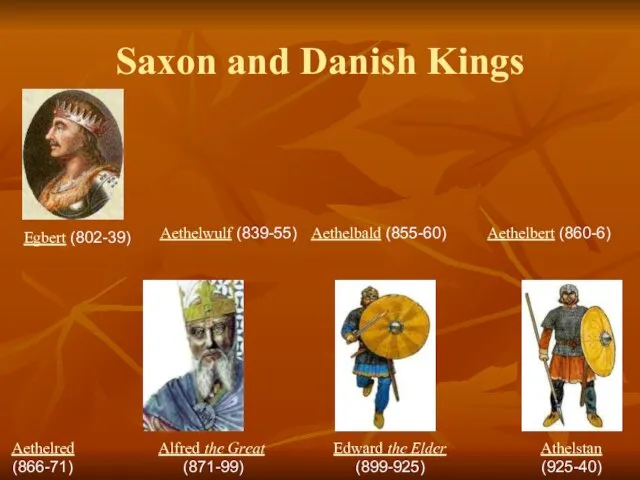 Egbert (802-39) Aethelwulf (839-55) Aethelbald (855-60) Aethelbert (860-6) Aethelred (866-71) Alfred