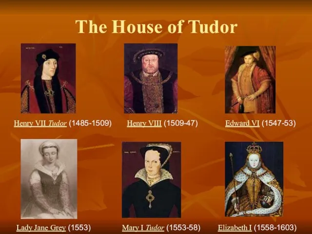 Henry VII Tudor (1485-1509) Henry VIII (1509-47) Edward VI (1547-53) Lady