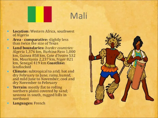 Mali Location: Western Africa, southwest of Algeria Area - comparative: slightly