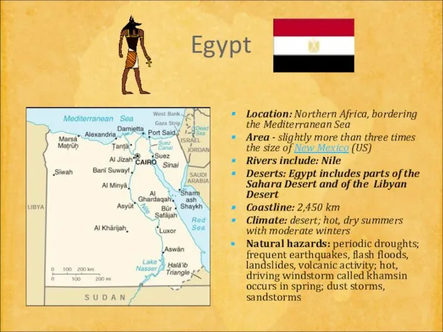 Egypt Location: Northern Africa, bordering the Mediterranean Sea Area - slightly