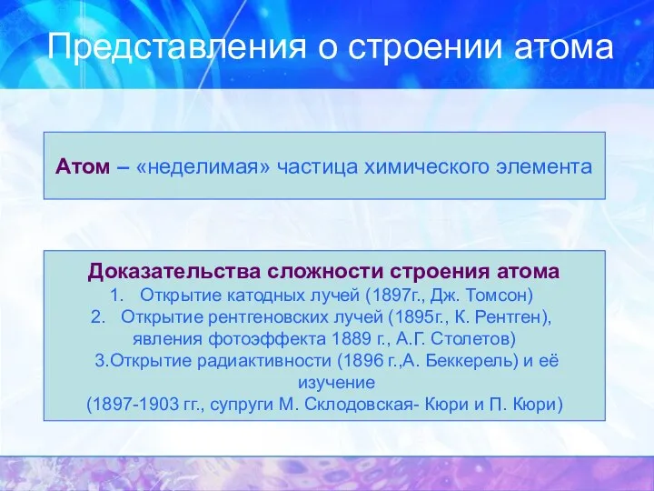 Представления о строении атома Атом – «неделимая» частица химического элемента Доказательства