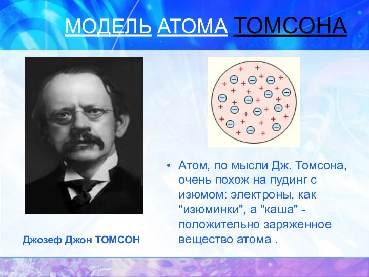 МОДЕЛЬ АТОМА ТОМСОНА Атом, по мысли Дж. Томсона, очень похож на