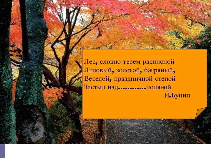 Лес, словно терем расписной Лиловый, золотой, багряный, Веселой, праздничной стеной Застыл над…………поляной И.Бунин