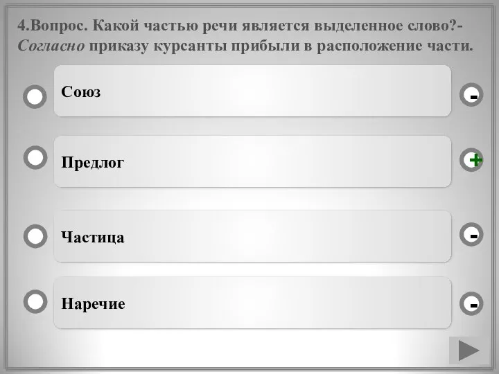 4.Вопрос. Какой частью речи является выделенное слово?- Согласно приказу курсанты прибыли