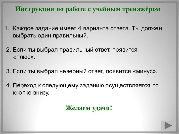 Инструкция по работе с учебным тренажёром Каждое задание имеет 4 варианта