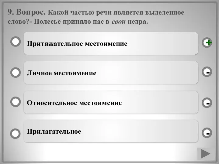 9. Вопрос. Какой частью речи является выделенное слово?- Полесье приняло нас